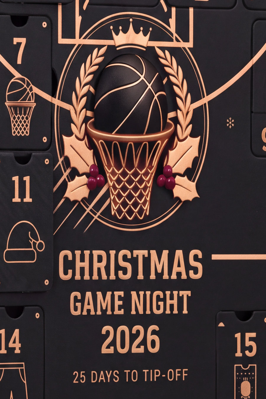 Close-up of the crowned basketball crest and the Christmas Game Night 2026 title
