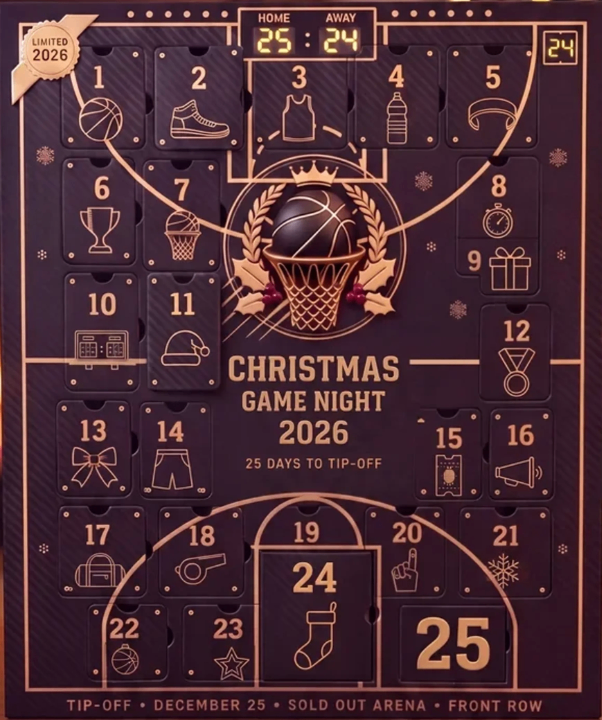 Christmas Game Night 2026 basketball advent calendar: carbon-black box with gold court lines, a scoreboard and 25 numbered doors