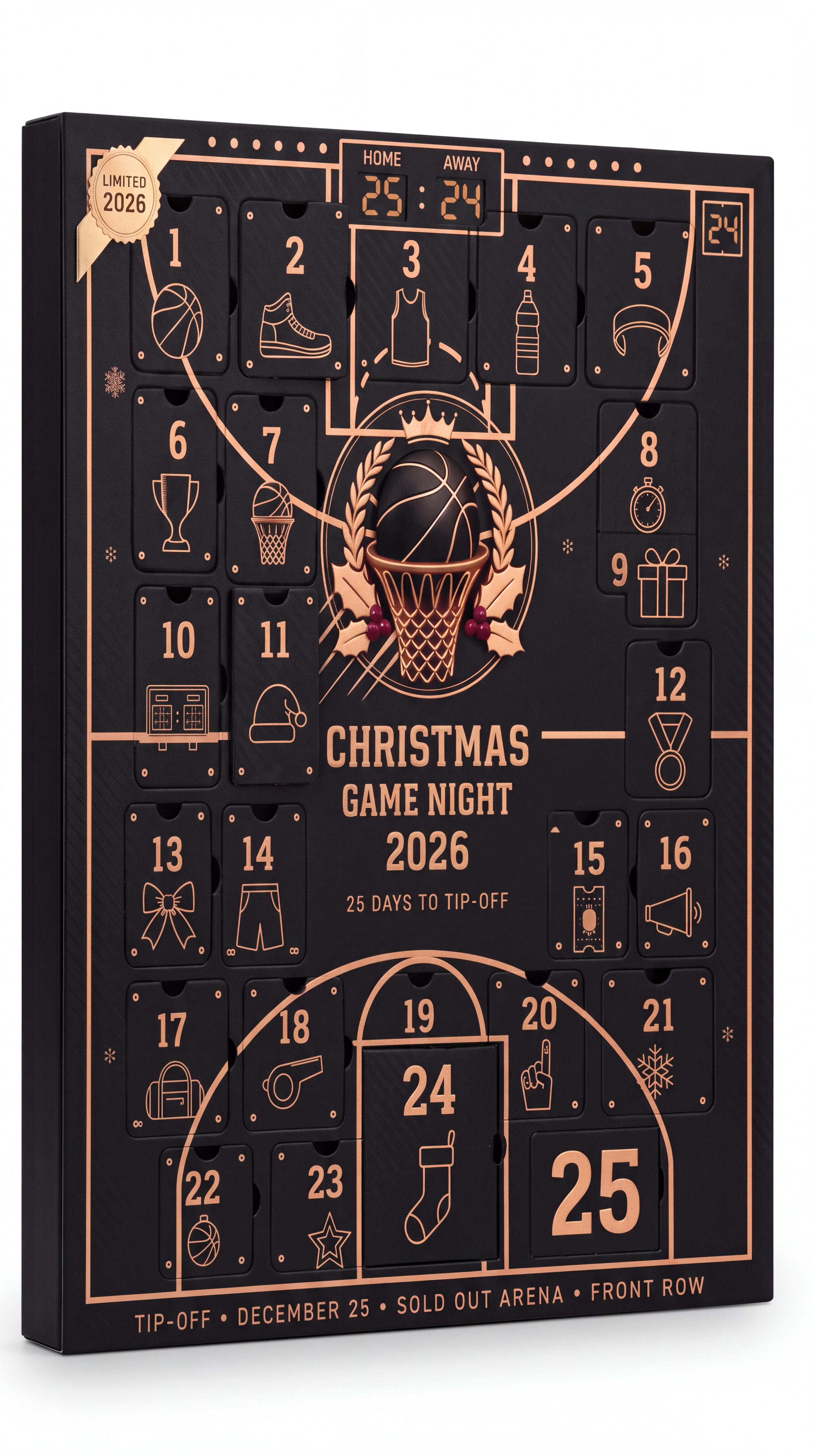 Close-up of the crowned basketball crest and the Christmas Game Night 2026 title